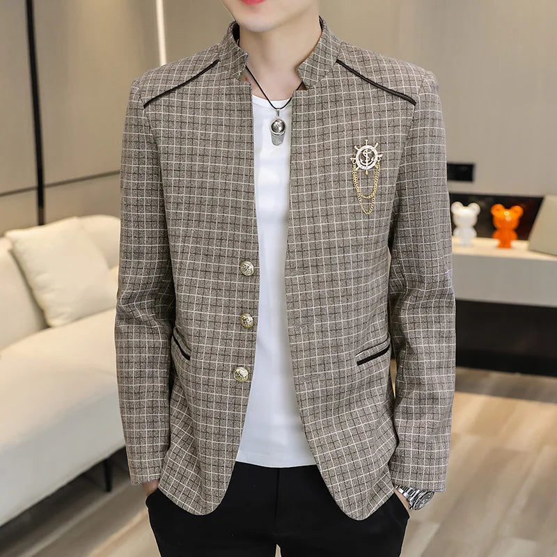 Thick Plaid Pattern Stand Collar Blazer