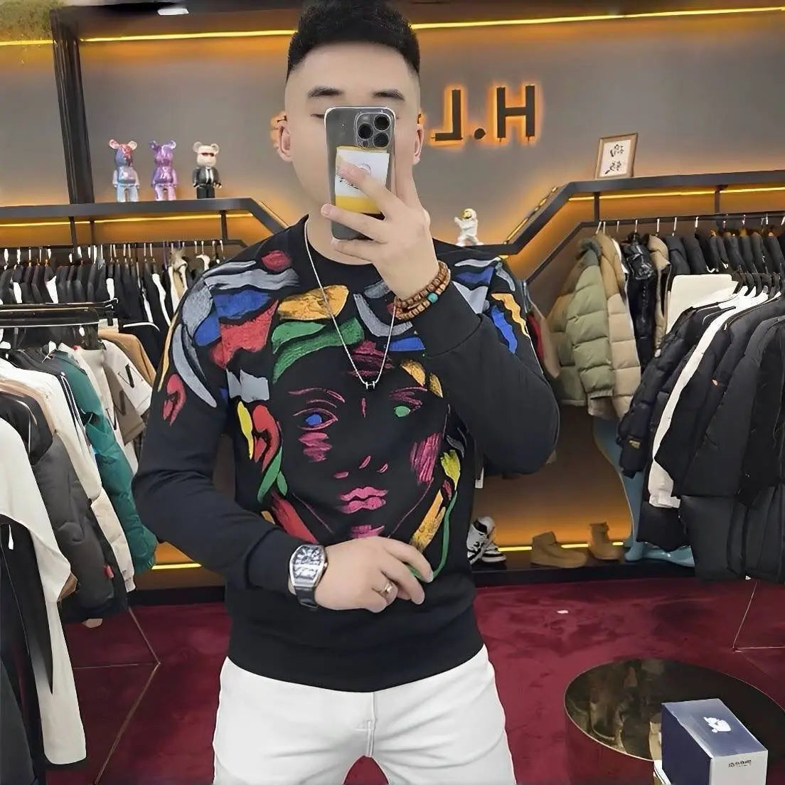 Paint Printing Polyester Men's Sweater