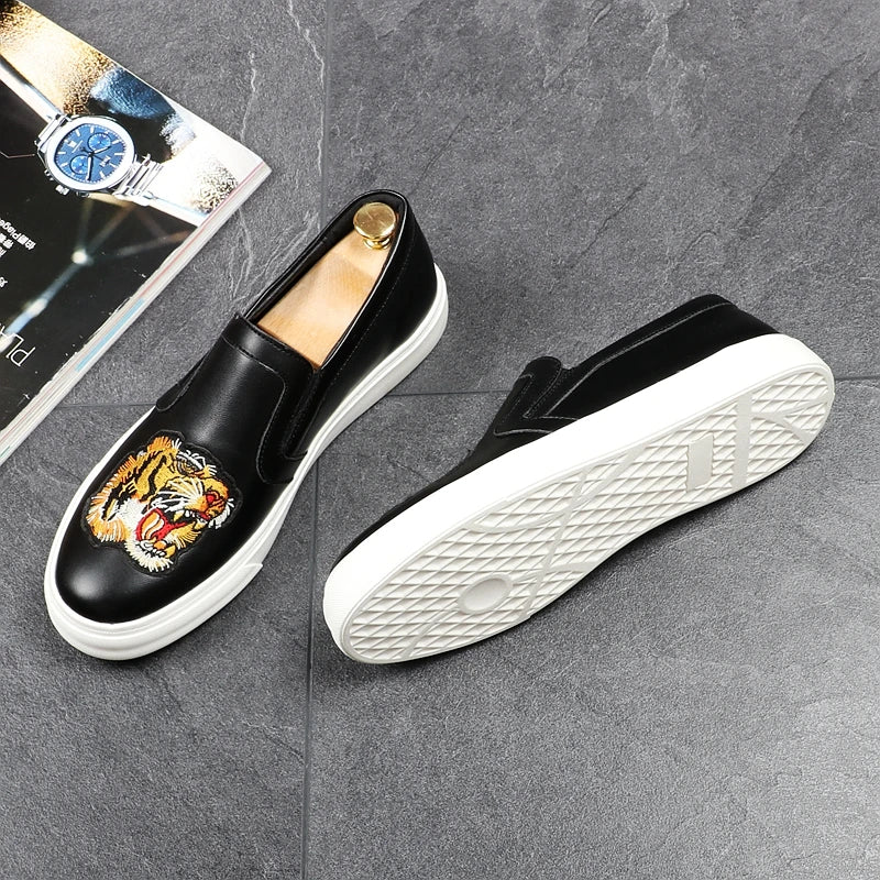 Tiger Embroidery Microfiber Black Loafers