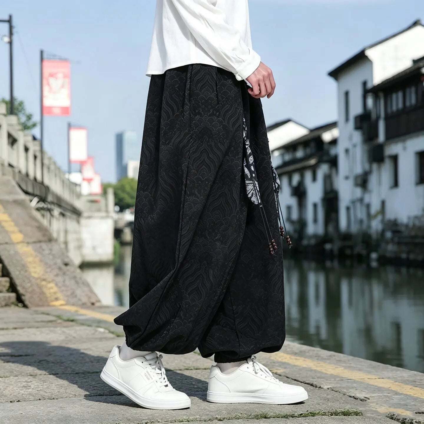 Black Geometric Pattern Loose Pants