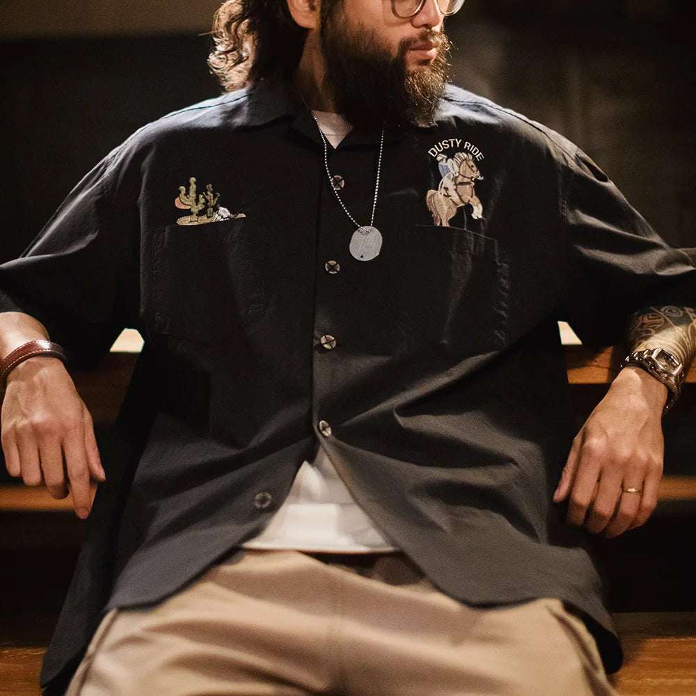 Single-Breasted Embroidered Black Cotton Shirt