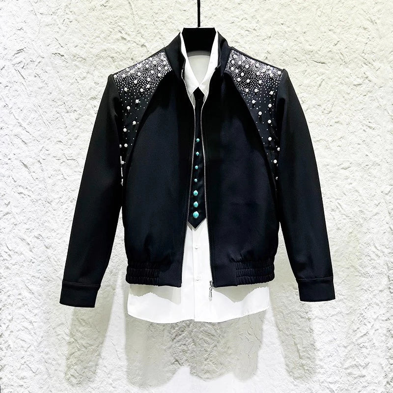 Pearls Beading Patchwork Zipper Jacket