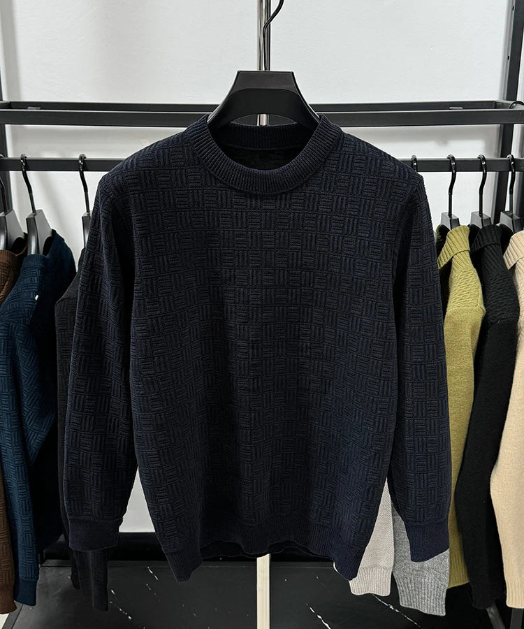 Solid Geometric Pleated O-Neck Sweater