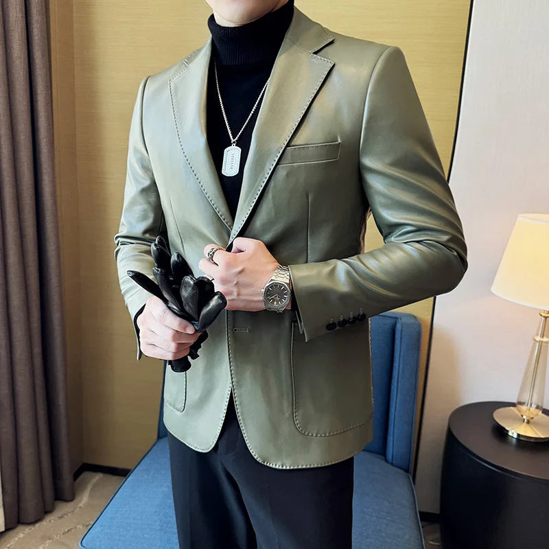 Solid Slim-Fit Faux Leather Men's Blazer