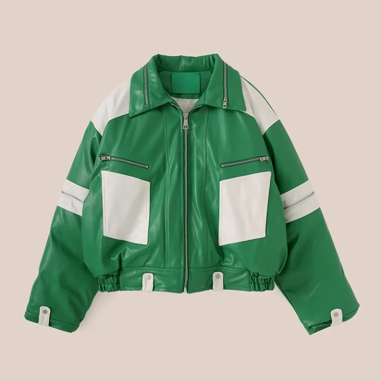 Green and White Pu Leather Jacket