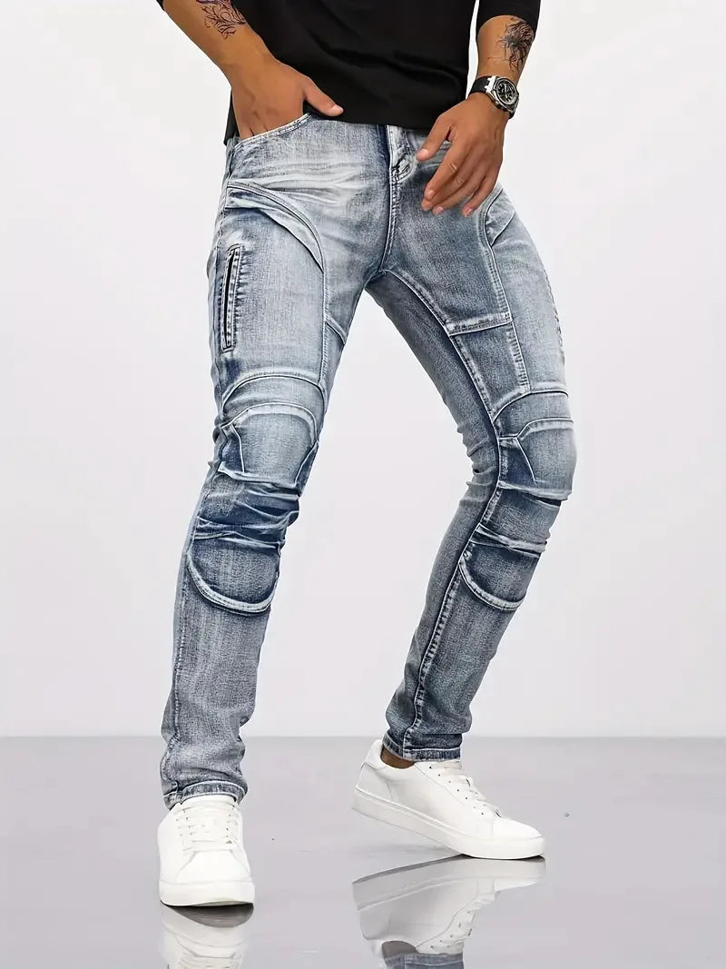 Two-Tone Distressed Slim Straight Jeans