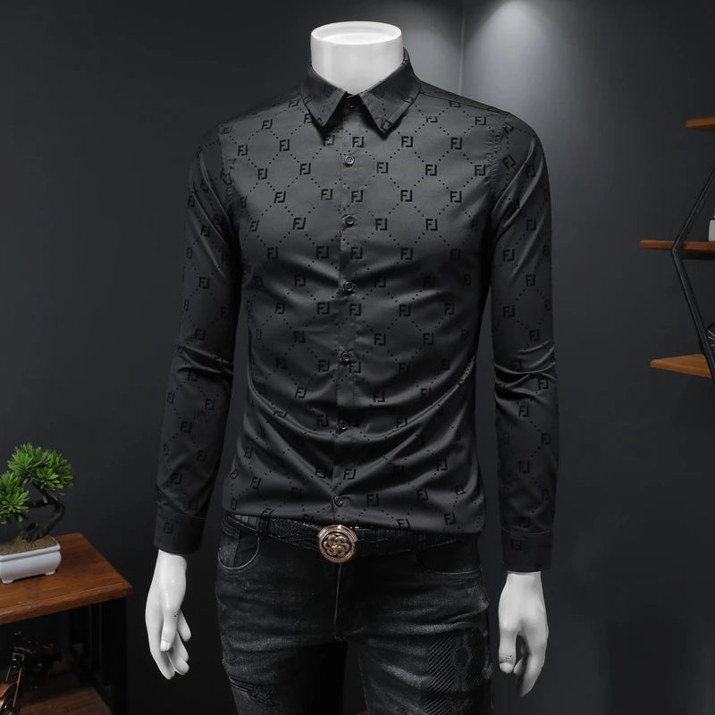 Geometric Black Design Slim-Fit Shirt