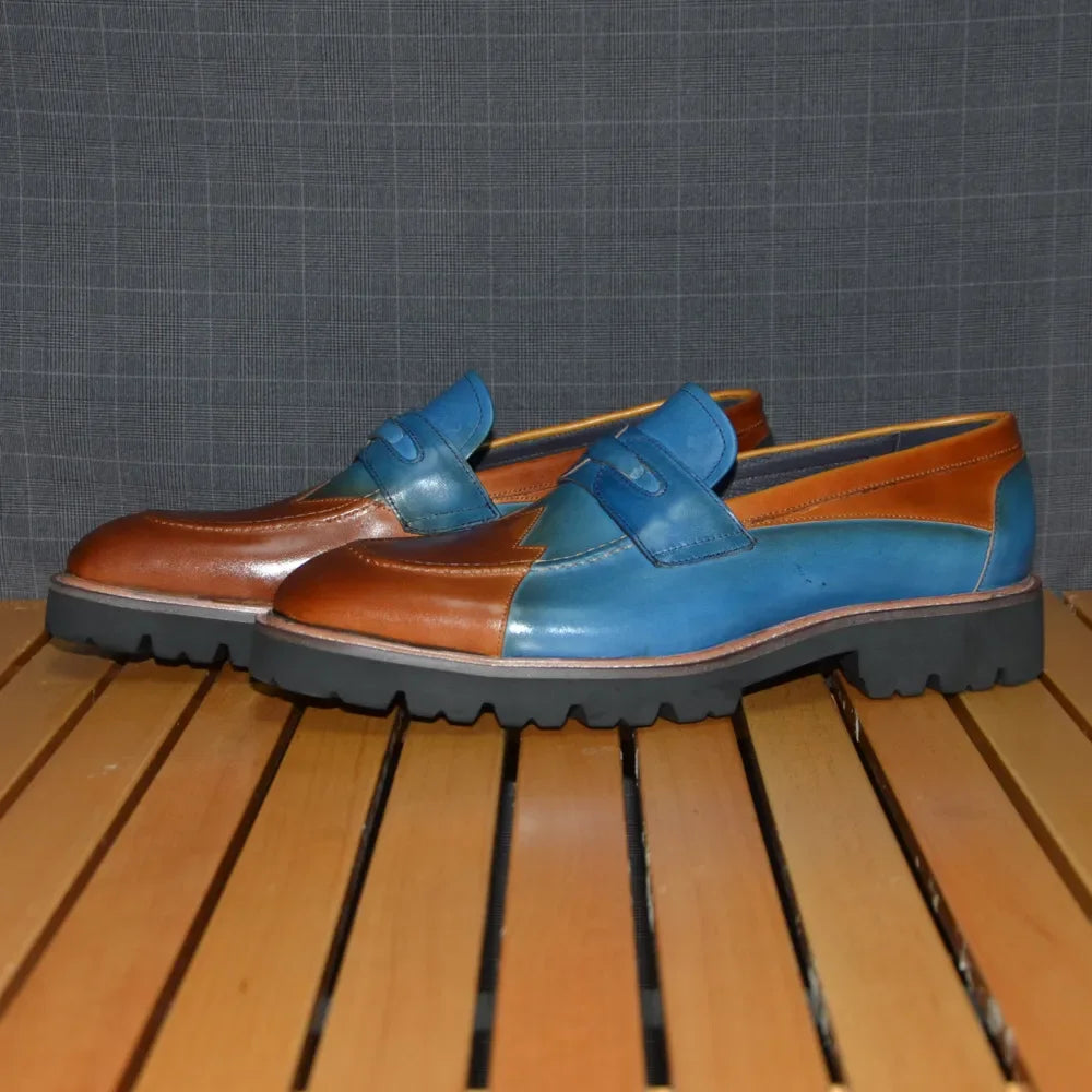 Blue Brown Genuine Leather Men's Loafers
