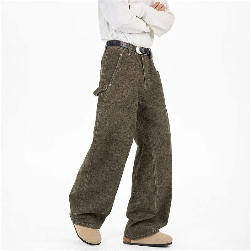 Khaki Green Wide-Leg Work Jeans