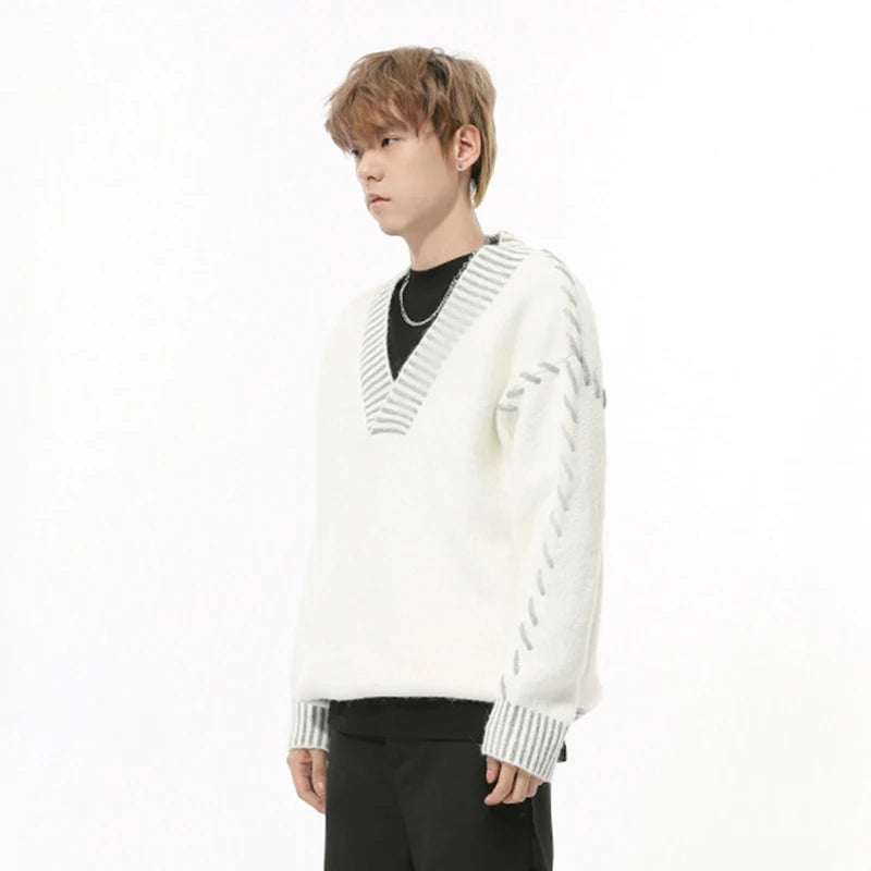 Casual Big V-neck Contrast Color Pullover