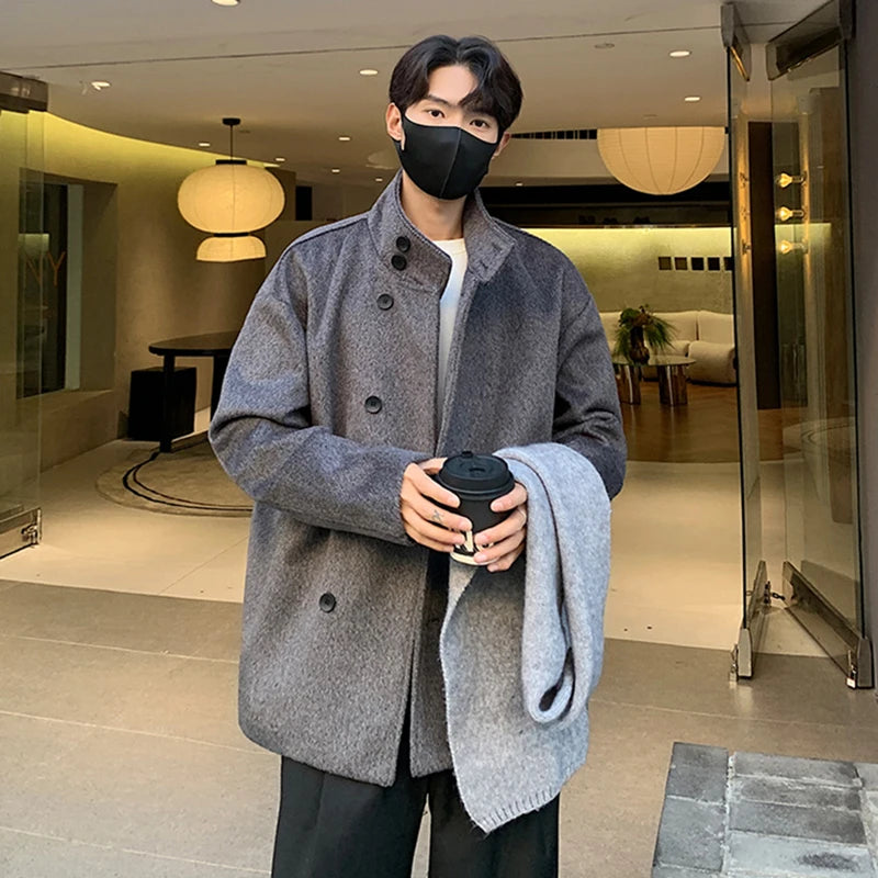 Solid Woolen Stand Collar Loose Jacket