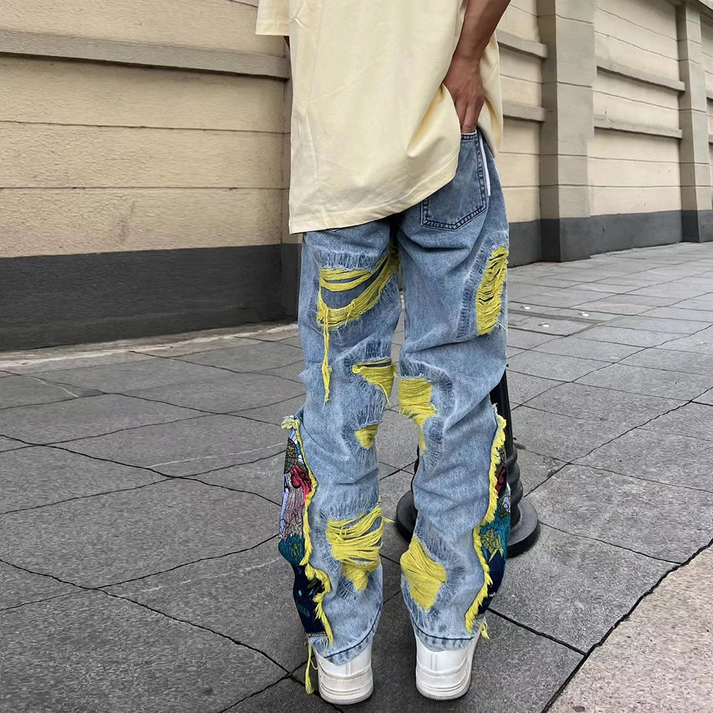 Painting Embroidered Patch Ripped Jeans