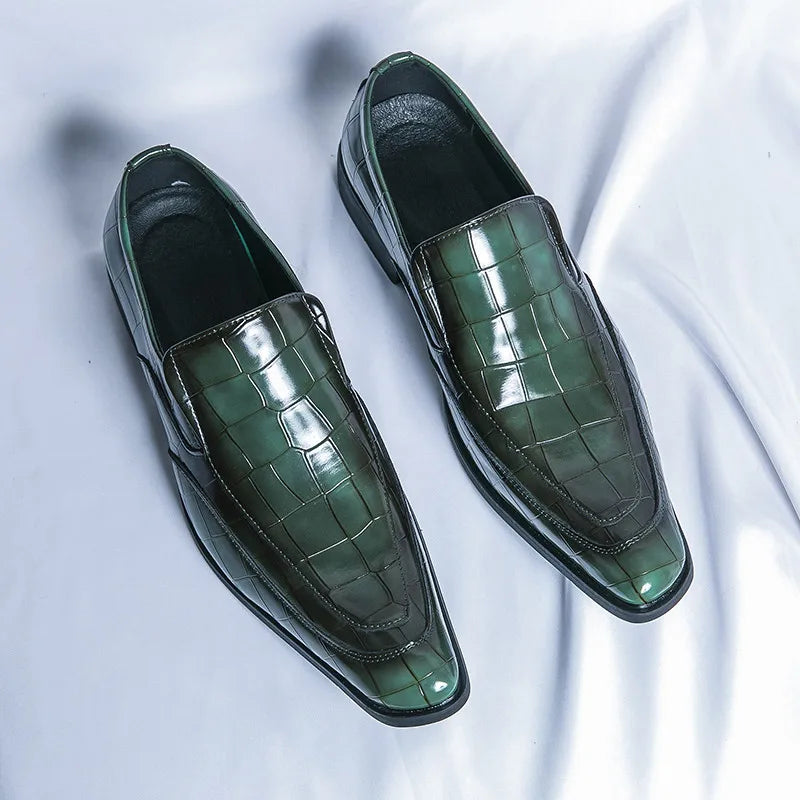 Square-Toe Crocs Skin Pattern Leather Loafers