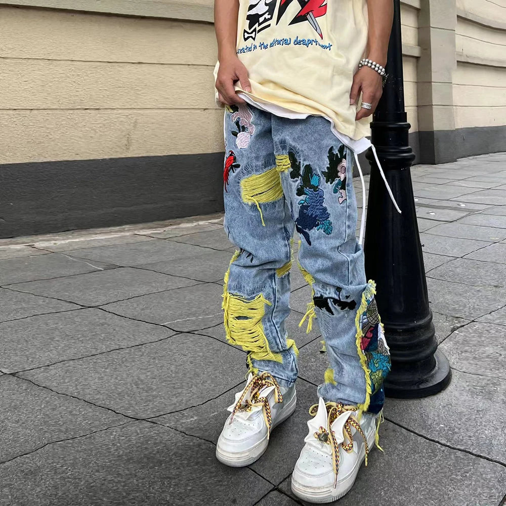 Painting Embroidered Patch Ripped Jeans