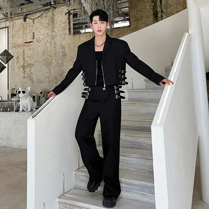 Black Color Buckle Decor Pants Set