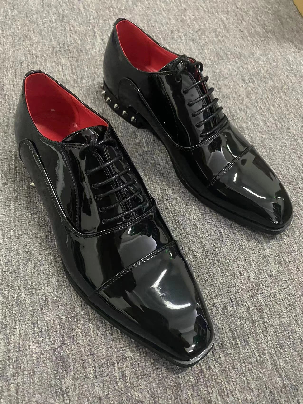 Shiny Black Genuine Leather Rivet Shoes