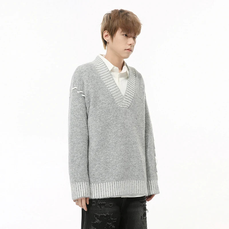 Casual Big V-neck Contrast Color Pullover