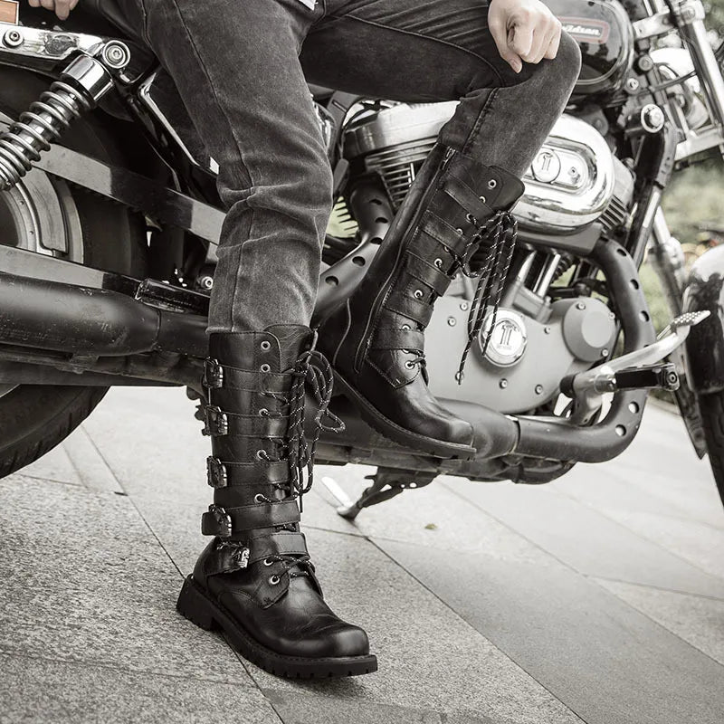 Black Gothic Belt Punk Motorcycle Boots