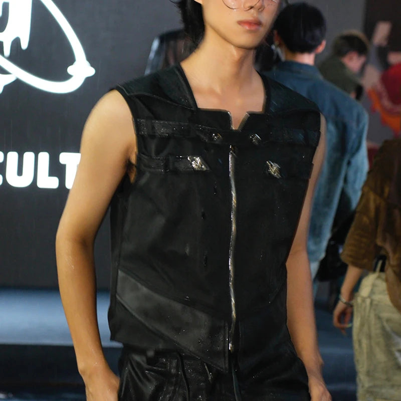 Black Spliced PU Leather Vest