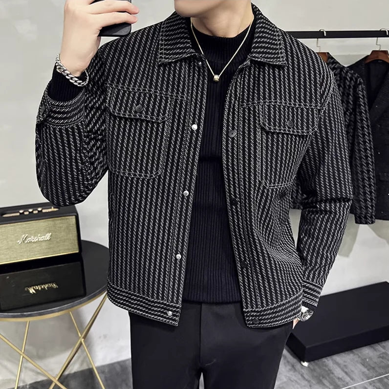 Black Geometric Striped Men's Jacket