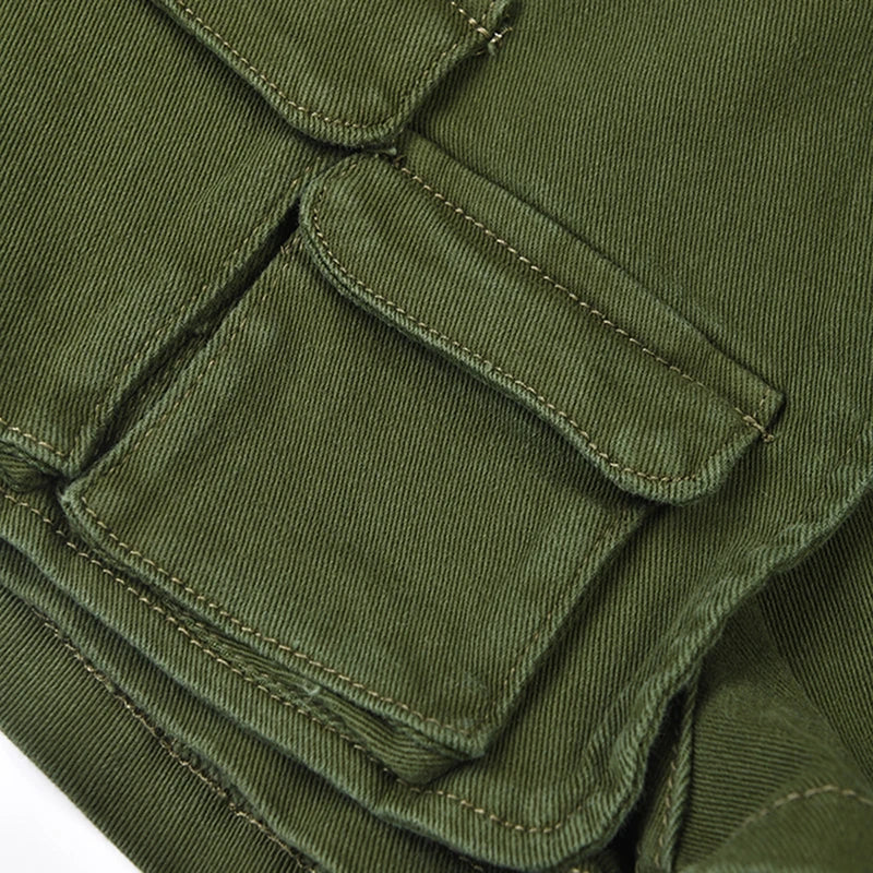 Green Cargo Pocket Design Denim Shorts