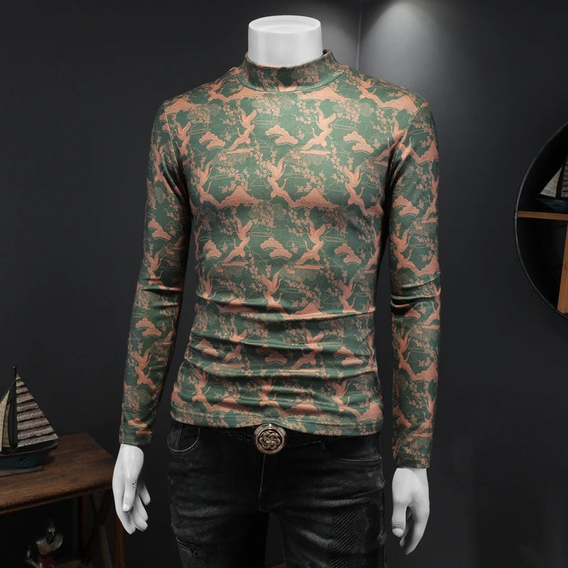 Casual Printed Turtleneck Slim-Fit T-Shirt