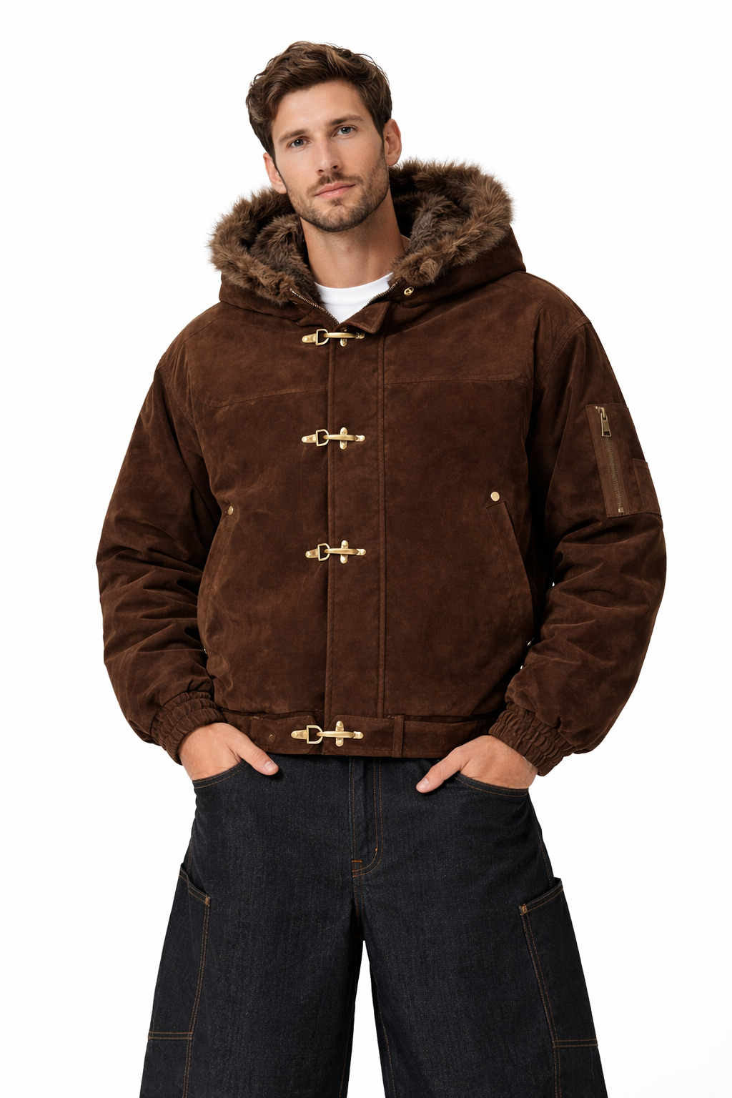 Metal Buckle Faux Fur Hooded Jacket