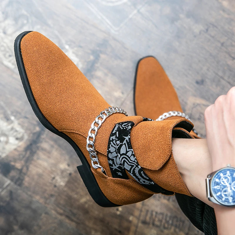 Flock Chain Buckle Strap Ankle Boots