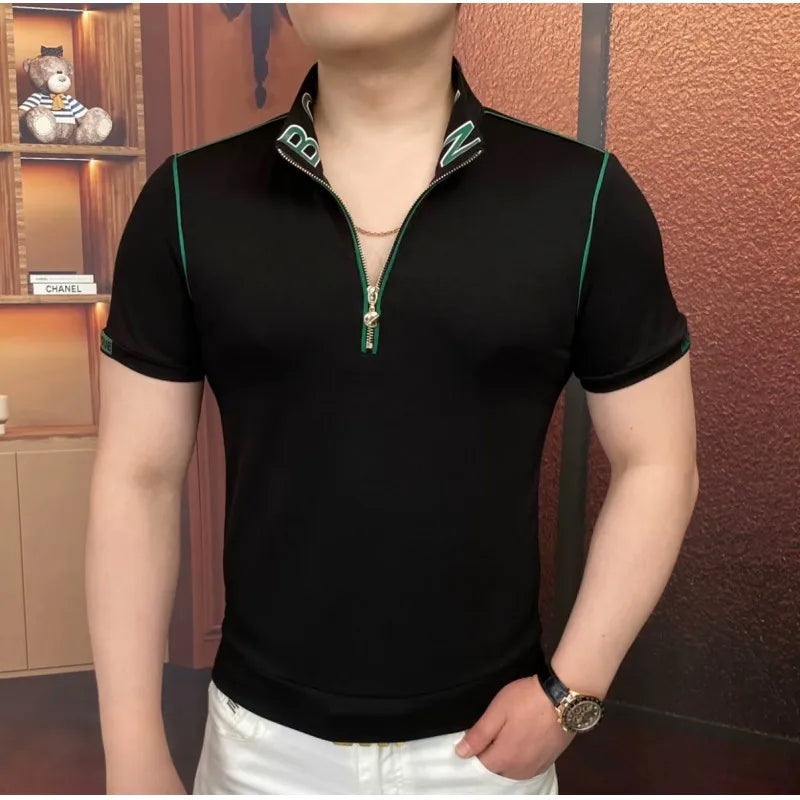 Black Collar Embroidered Zipper Polo Shirt