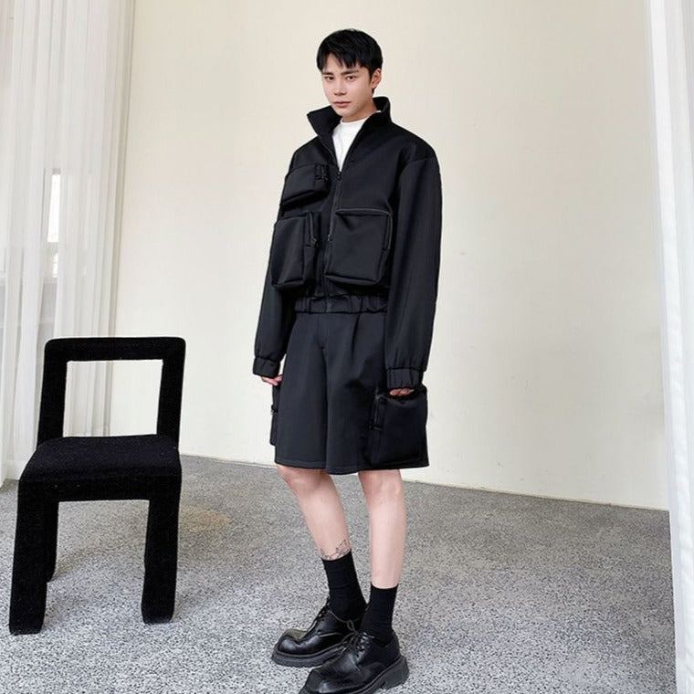 Solid 3D Large Pocket Jacket Short Set