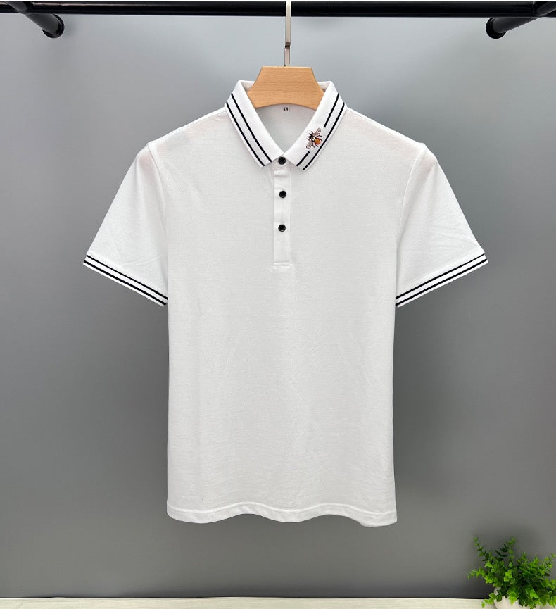 Striped Bee Embroidery Collar Polo Shirt