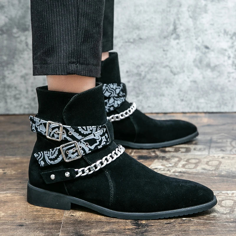 Flock Chain Buckle Strap Ankle Boots