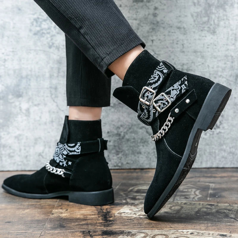 Flock Chain Buckle Strap Ankle Boots
