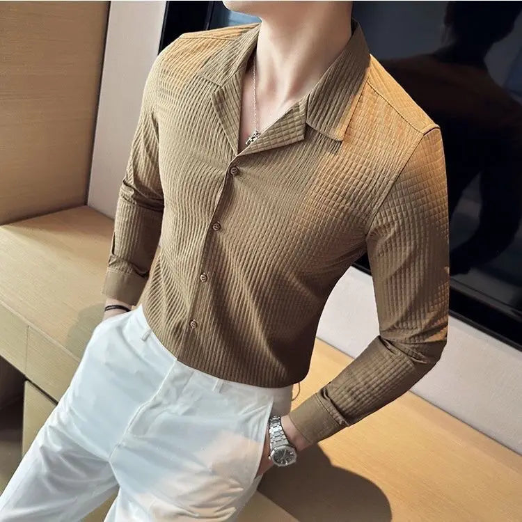 Waffle Texture Long Sleeve Men's Shirt