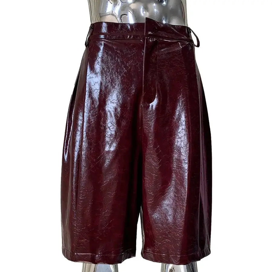 Shiny Burgundy Leather Straight Shorts