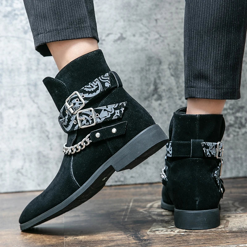 Flock Chain Buckle Strap Ankle Boots