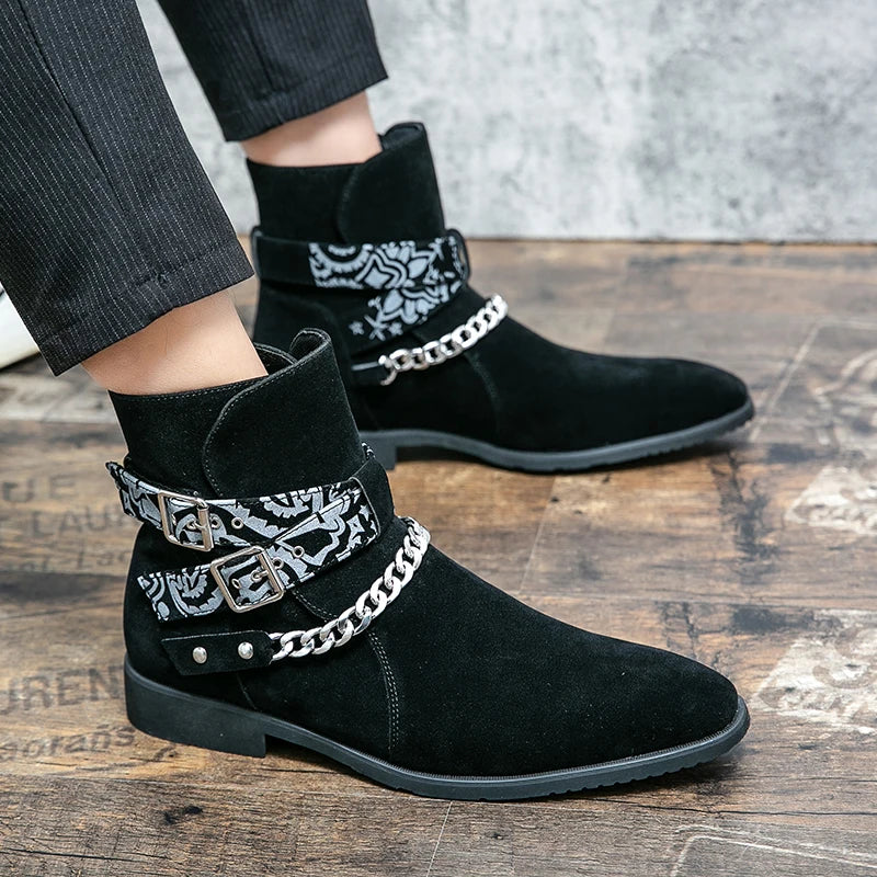 Flock Chain Buckle Strap Ankle Boots