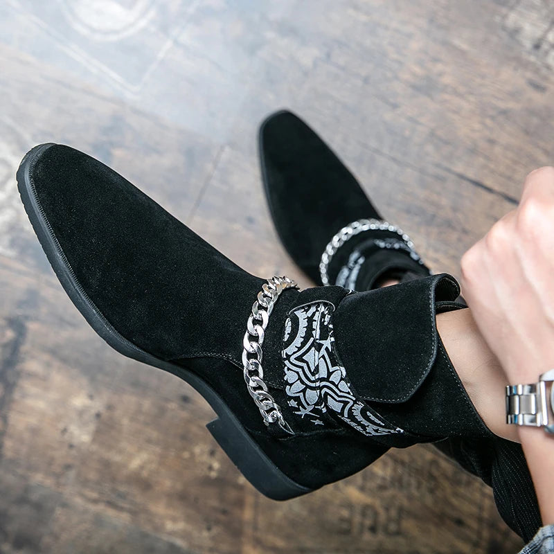 Flock Chain Buckle Strap Ankle Boots