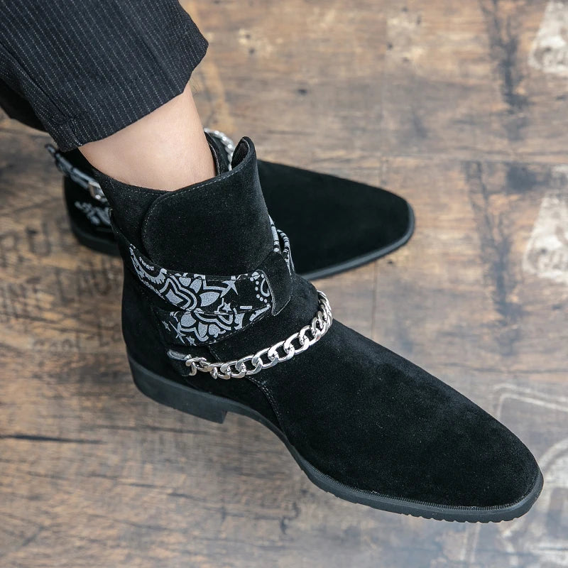 Flock Chain Buckle Strap Ankle Boots