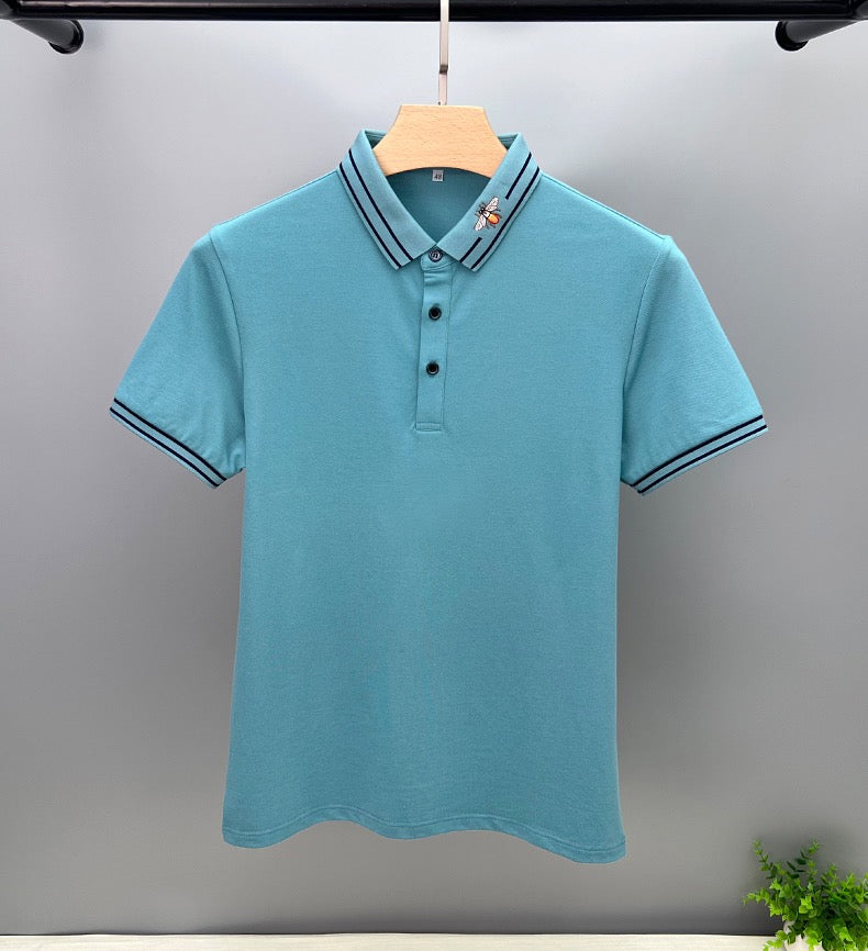 Striped Bee Embroidery Collar Polo Shirt