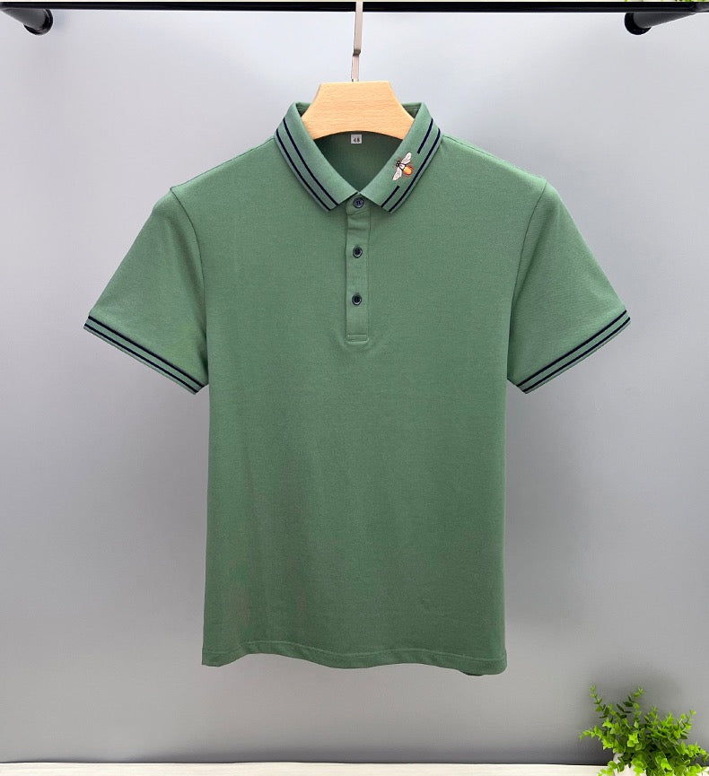Striped Bee Embroidery Collar Polo Shirt
