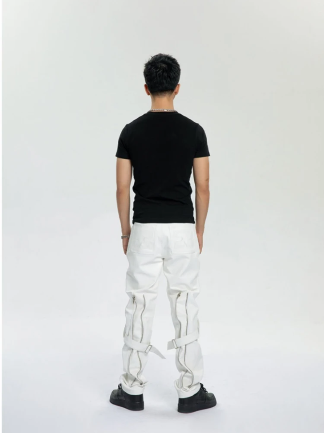 Multi-Zippers Belt Leather Pants