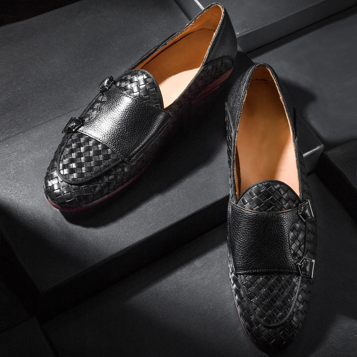 Black Woven Leather Monk Strap Shoes