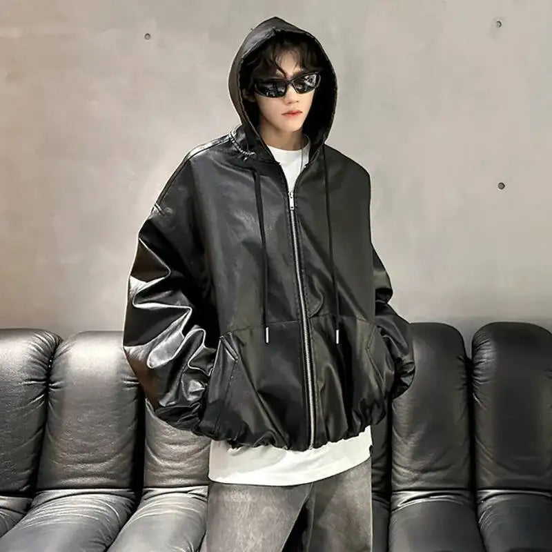 PU Leather Hooded Drawstring Jacket