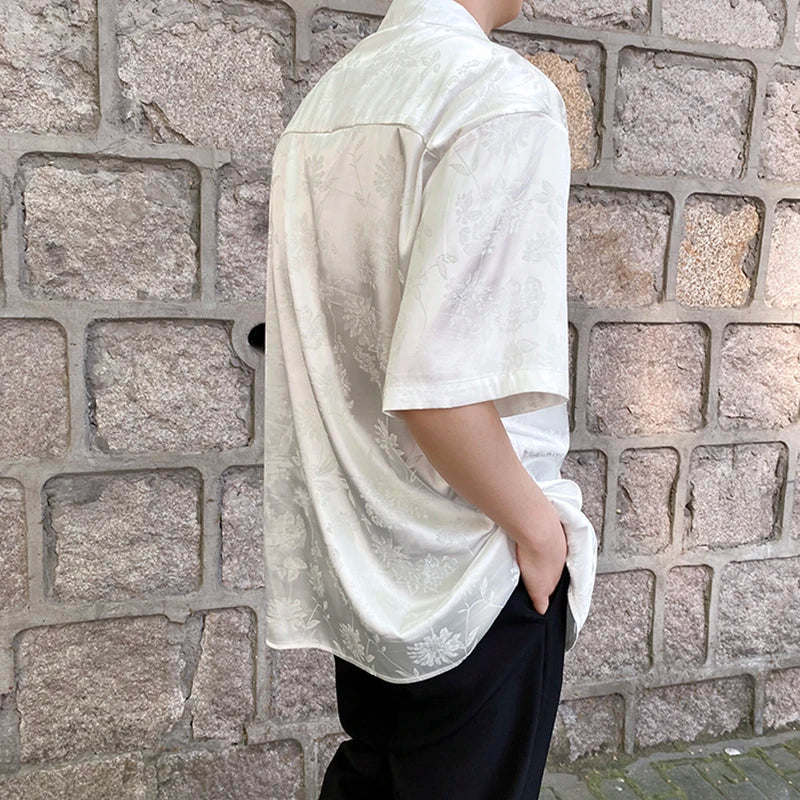 Pleated Flowers Stand Collar Shirt