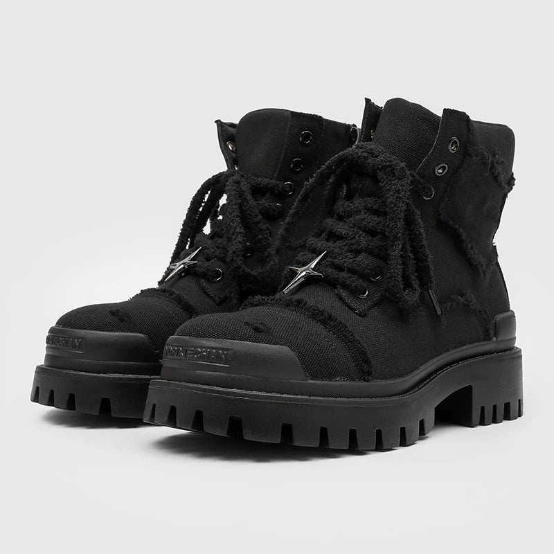 Four Cornered Star Pin Black Thick Soled Boots