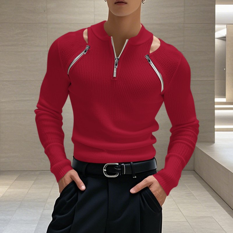 Knitted Hollow Zipper Design Long Sleeve T-Shirt