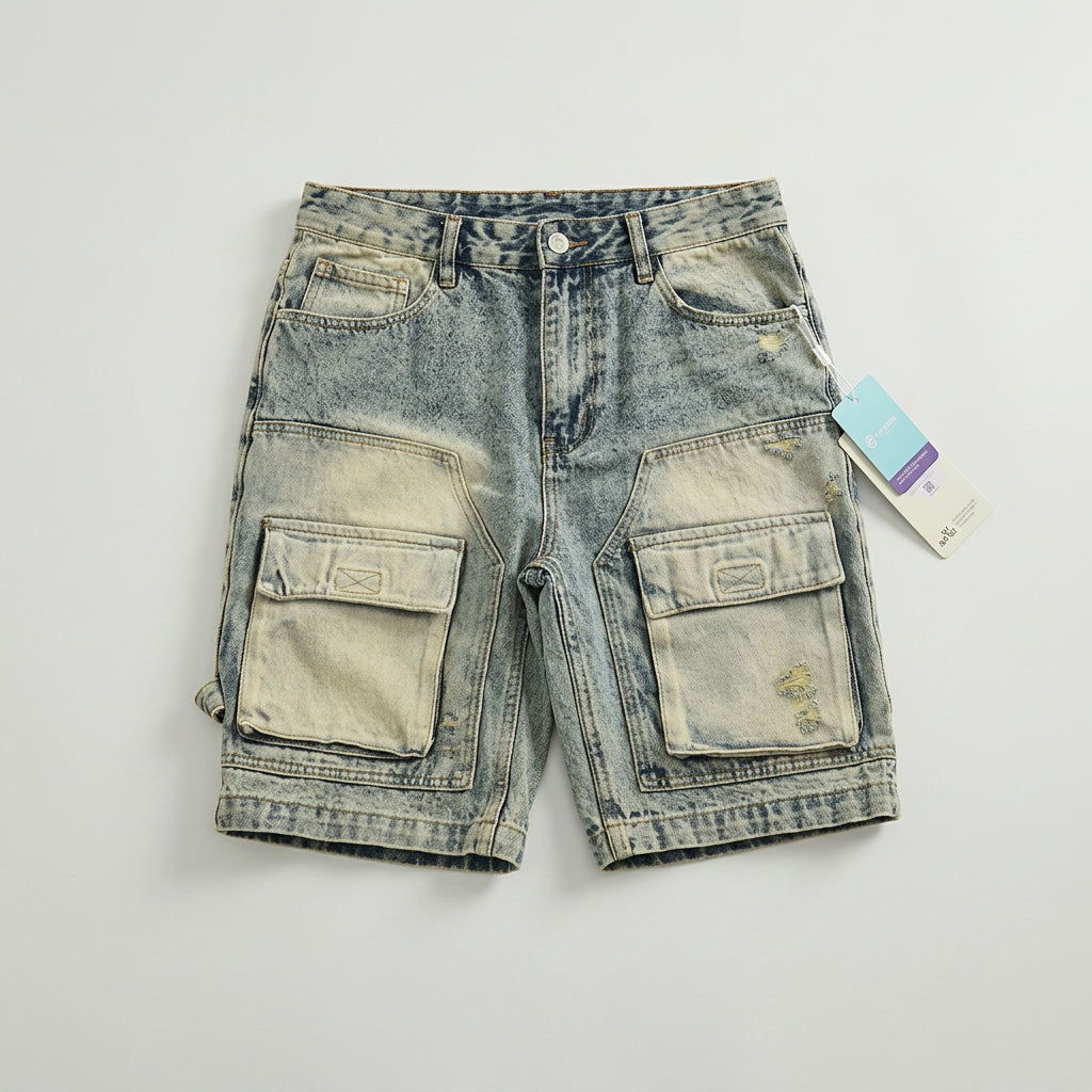 Street Style Washed Cargo Denim Shorts
