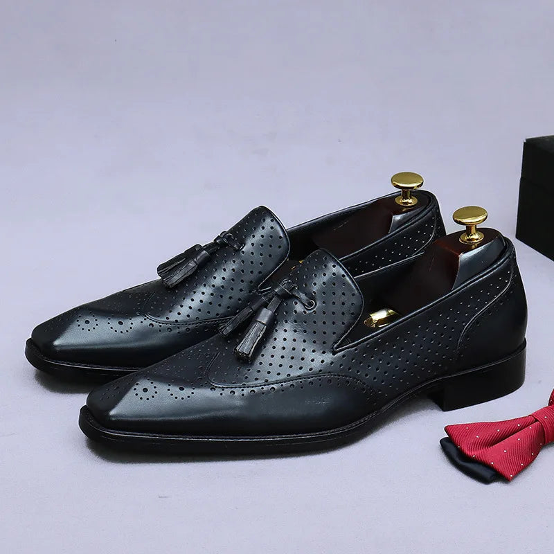 Tassel Hollow Dots Leather Wingtip Loafers