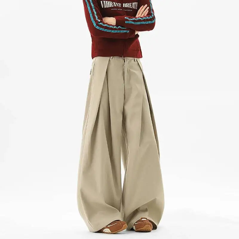 Solid Pleated Wide-Leg Loose Trousers